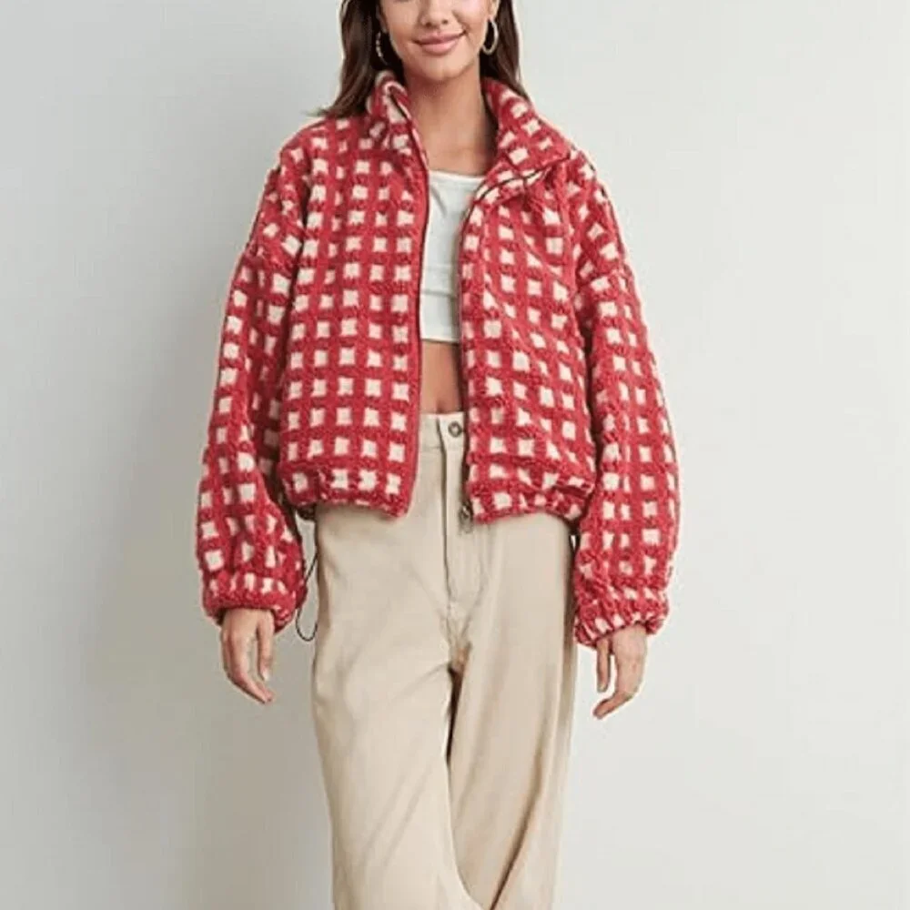 Red Casual Women's Checkered Fleece Cropped Sherpa Jacket - Picture 1 of 5